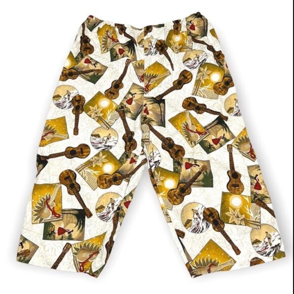 Y2K Vintage Hilo Hattie Cotton Capri Pants Wide Leg Surfer Ukulele Beach Print - Picture 11 of 11